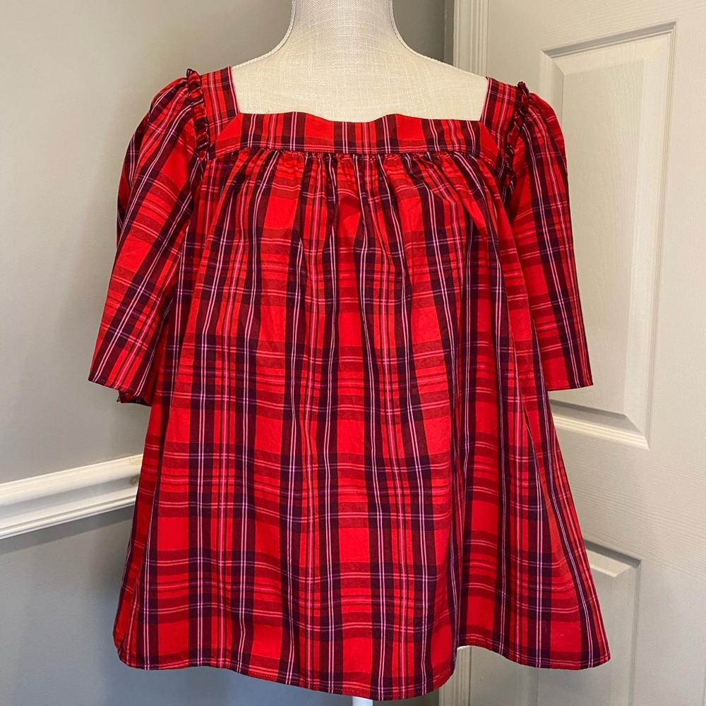 Draper James 1X Red Plaid Top Bow at Back Short Sleeve